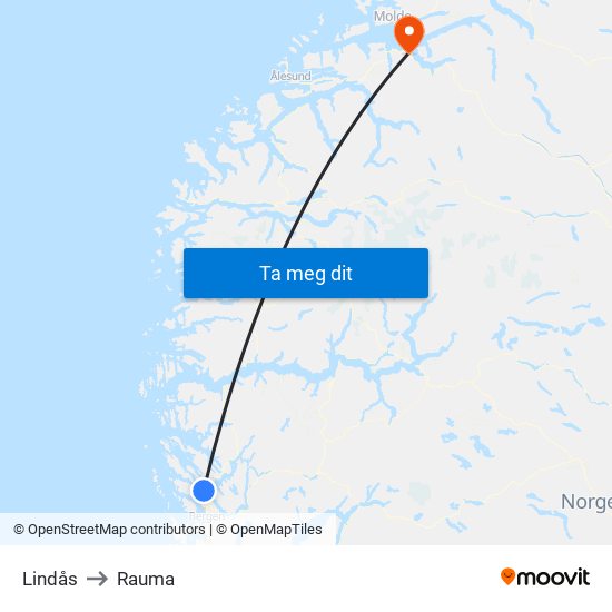 Lindås to Rauma map
