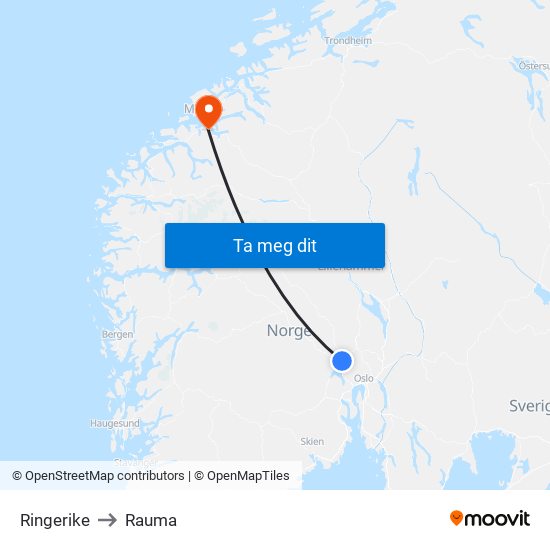 Ringerike to Rauma map