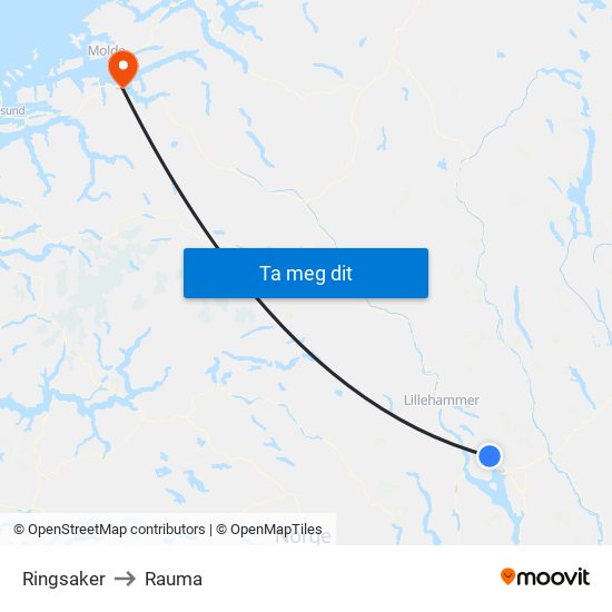 Ringsaker to Rauma map