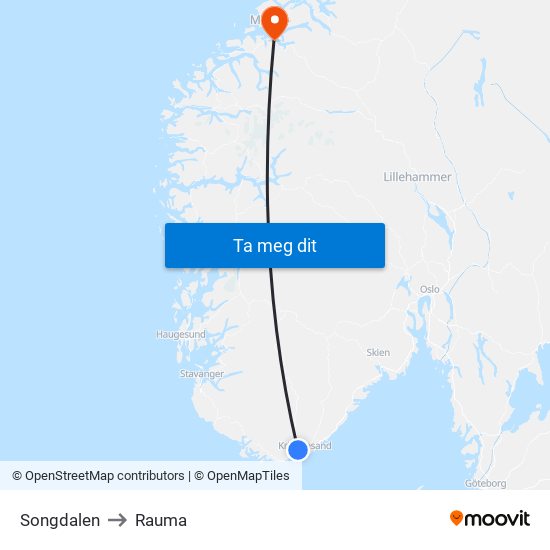 Songdalen to Rauma map