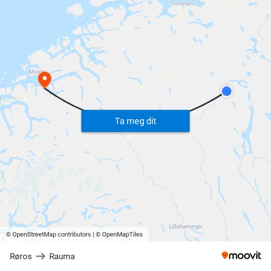 Røros to Rauma map