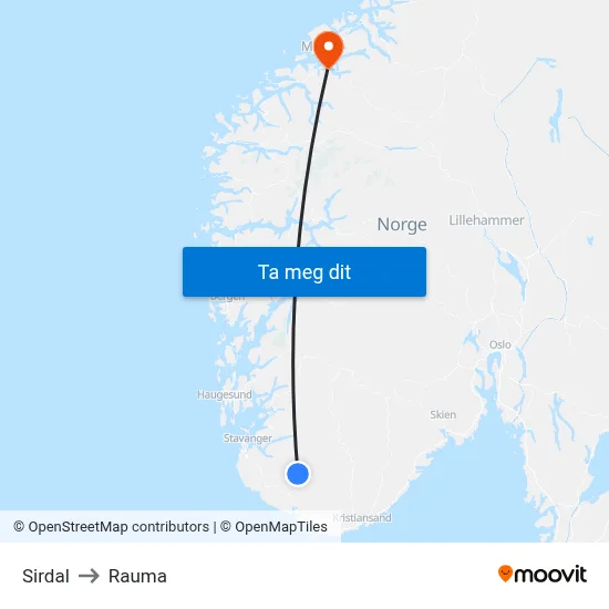 Sirdal to Rauma map