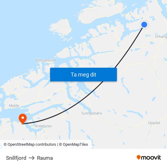 Snillfjord to Rauma map