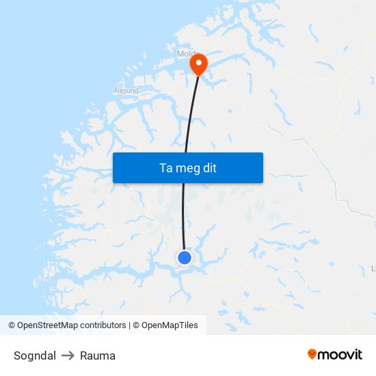 Sogndal to Rauma map