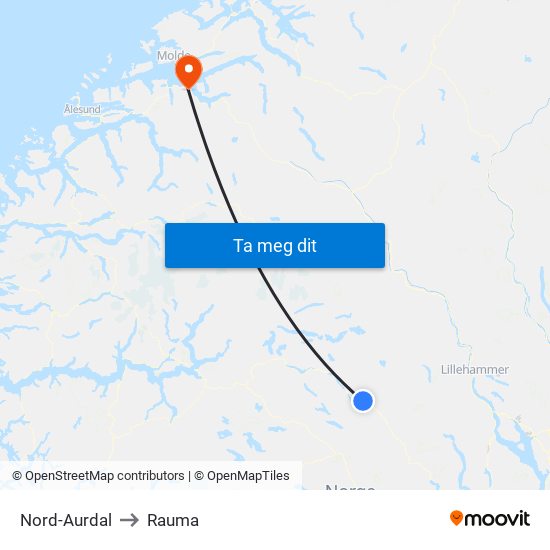 Nord-Aurdal to Rauma map