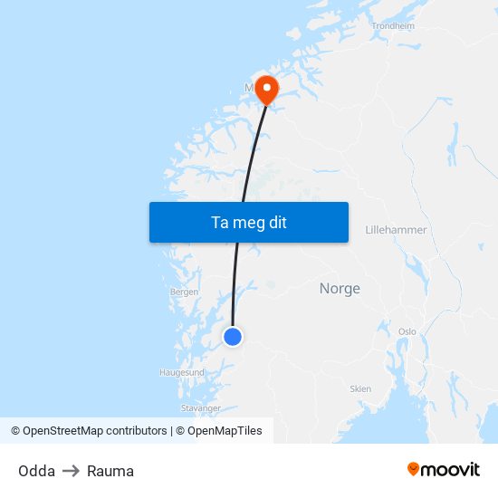 Odda to Rauma map