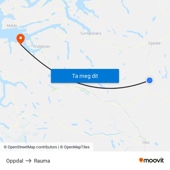 Oppdal to Rauma map