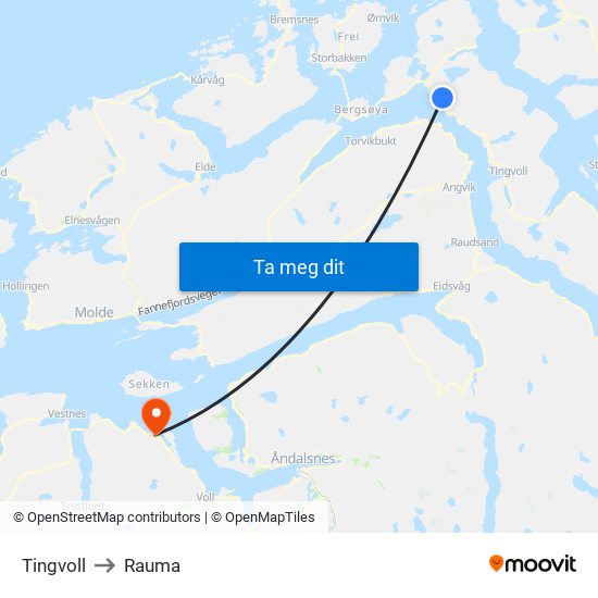 Tingvoll to Rauma map