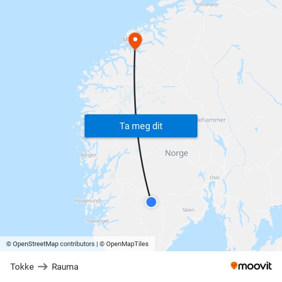 Tokke to Rauma map