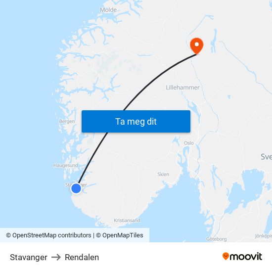 Stavanger to Rendalen map