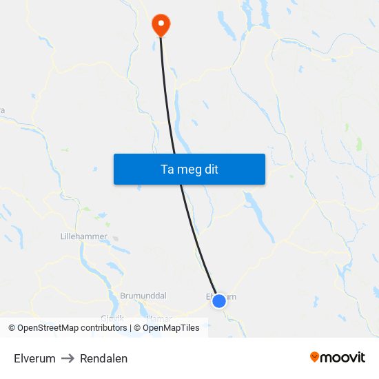 Elverum to Rendalen map