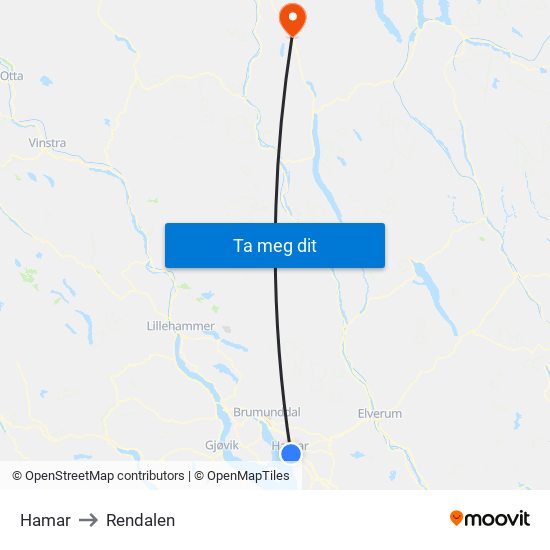Hamar to Rendalen map