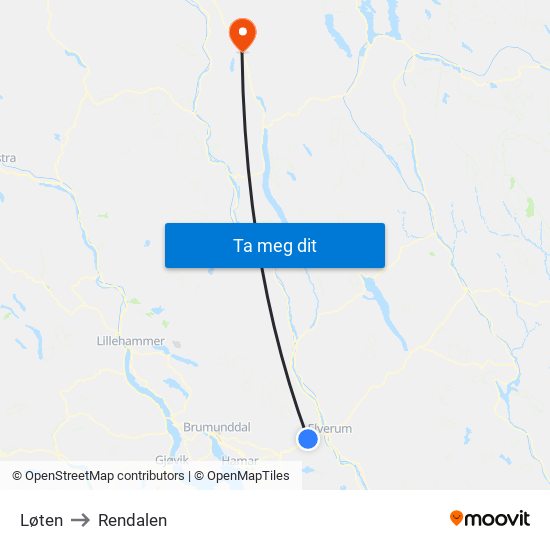 Løten to Rendalen map