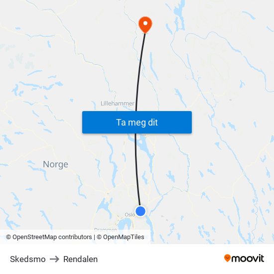 Skedsmo to Rendalen map