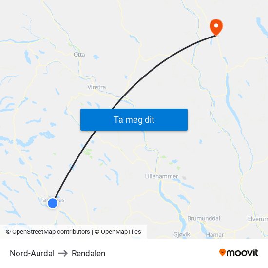 Nord-Aurdal to Rendalen map