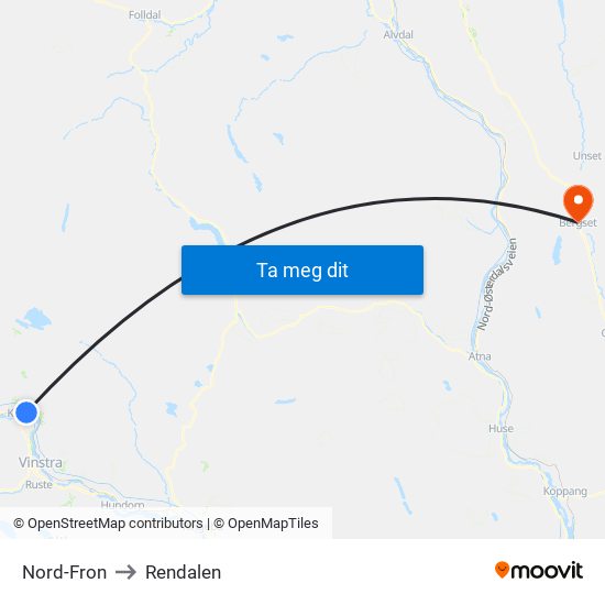 Nord-Fron to Rendalen map