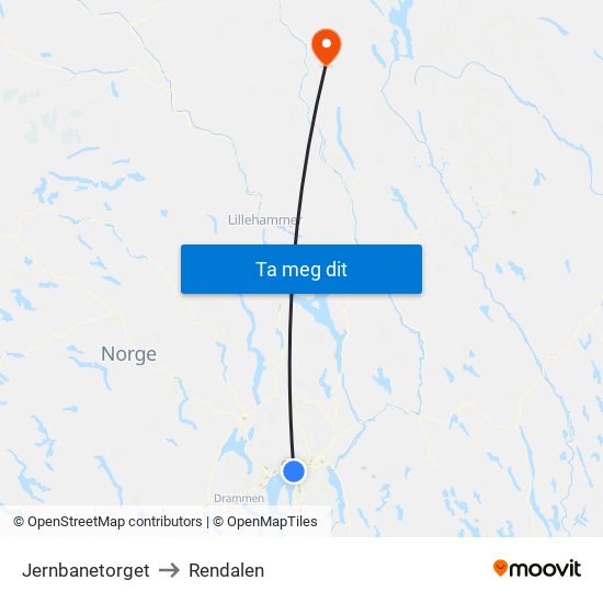 Jernbanetorget to Rendalen map