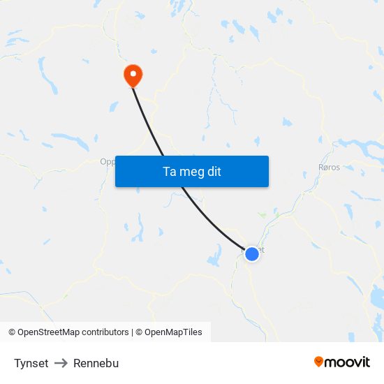 Tynset to Rennebu map