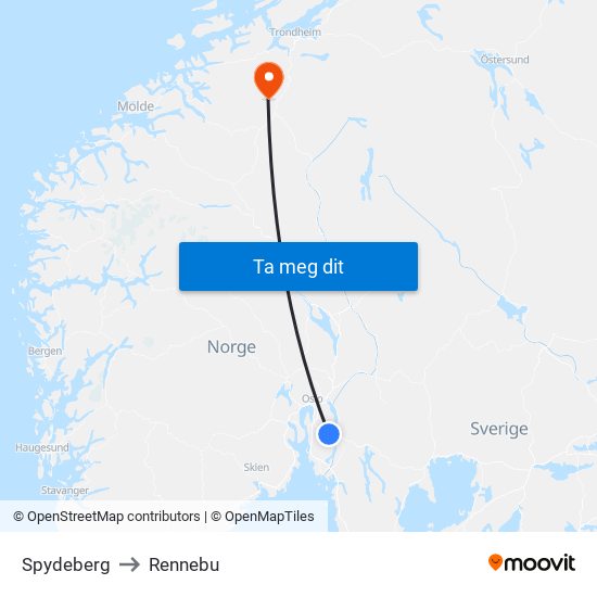 Spydeberg to Rennebu map