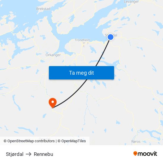 Stjørdal to Rennebu map