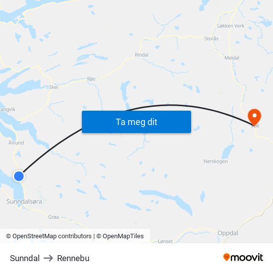 Sunndal to Rennebu map