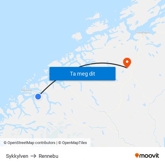 Sykkylven to Rennebu map