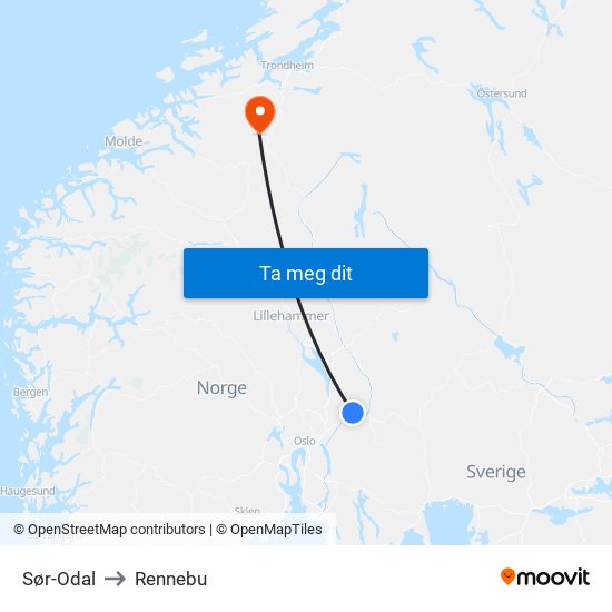 Sør-Odal to Rennebu map