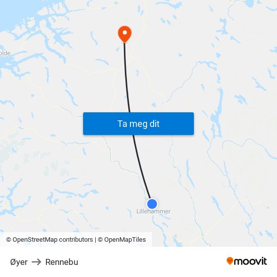 Øyer to Rennebu map