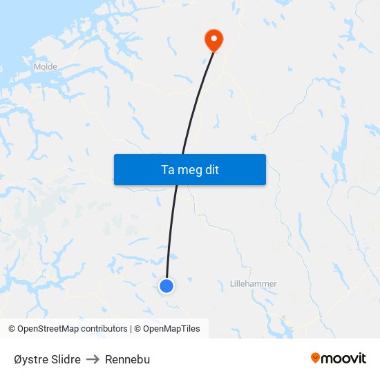 Øystre Slidre to Rennebu map