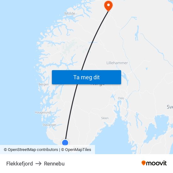 Flekkefjord to Rennebu map