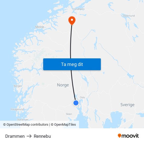 Drammen to Rennebu map