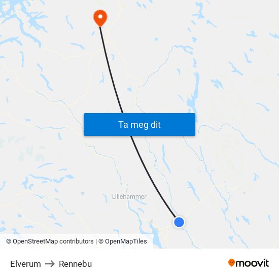 Elverum to Rennebu map