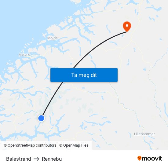 Balestrand to Rennebu map