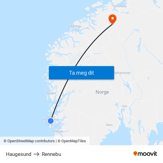 Haugesund to Rennebu map