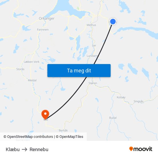 Klæbu to Rennebu map