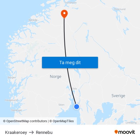 Kraakeroey to Rennebu map