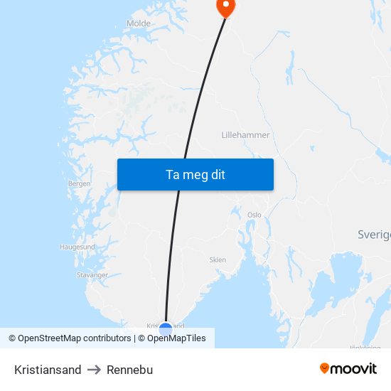 Kristiansand to Rennebu map
