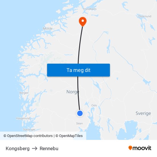 Kongsberg to Rennebu map