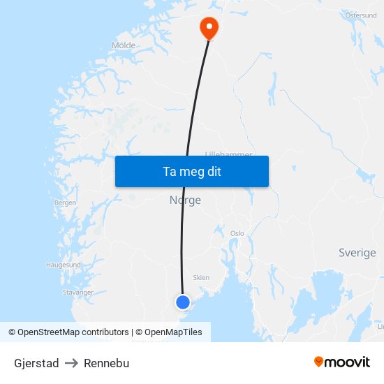 Gjerstad to Rennebu map