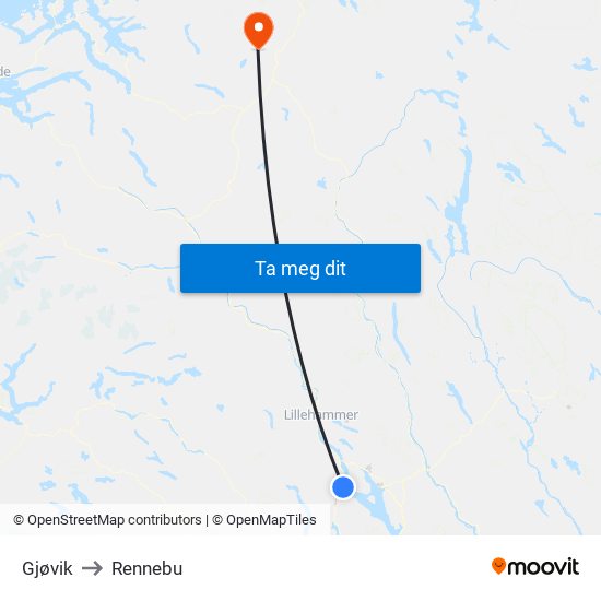 Gjøvik to Rennebu map