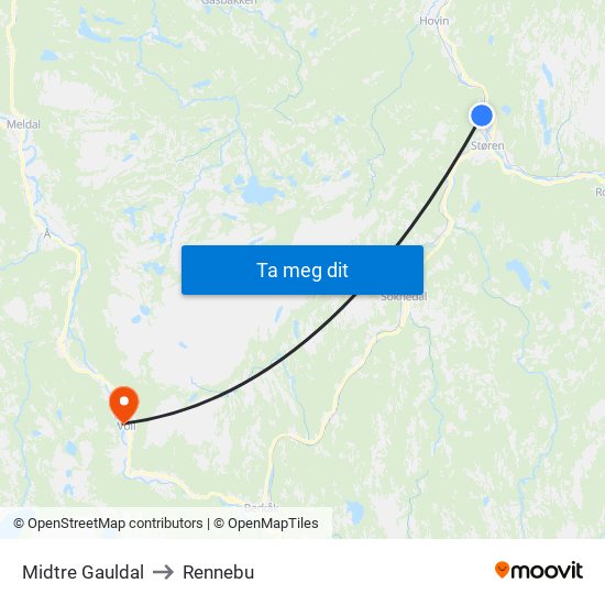 Midtre Gauldal to Rennebu map