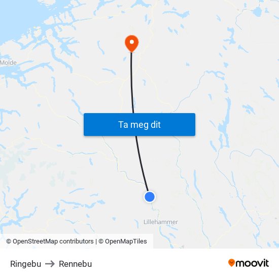 Ringebu to Rennebu map