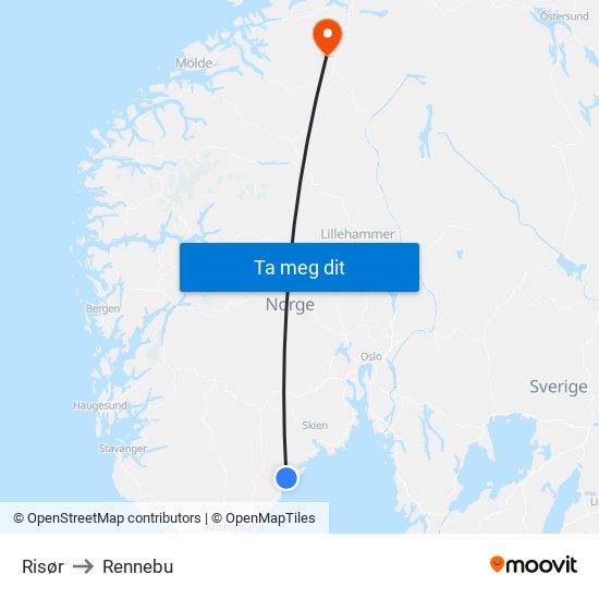 Risør to Rennebu map