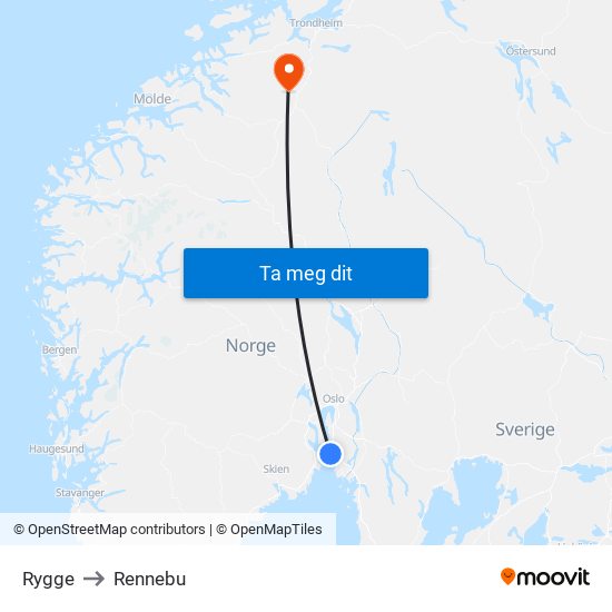 Rygge to Rennebu map