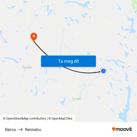 Røros to Rennebu map