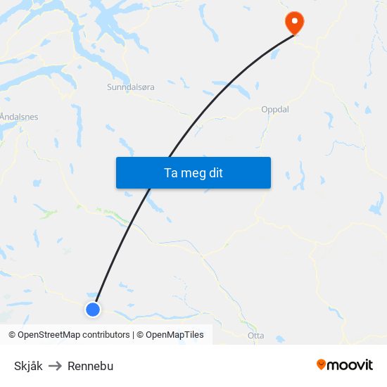 Skjåk to Rennebu map