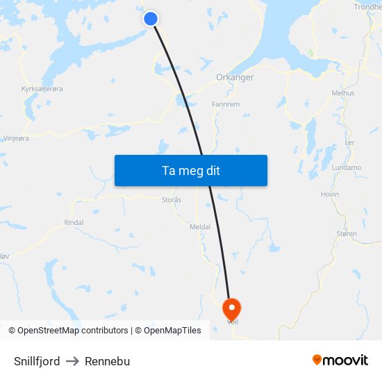 Snillfjord to Rennebu map