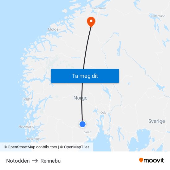 Notodden to Rennebu map