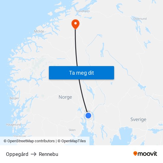 Oppegård to Rennebu map