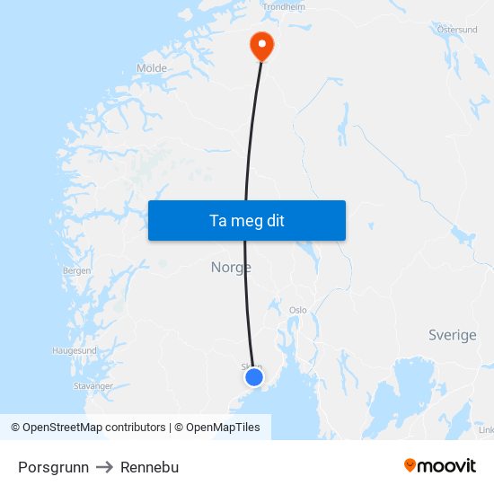 Porsgrunn to Rennebu map